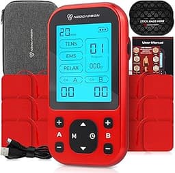NEOCARBON TENS Unit Muscle Stimulator Pro for Back Pain Relief, Shoulder Recovery and Physical Therapy, Electronic EMS Massager Machine with PMS Pulse for Effective Shock Therapy, Red